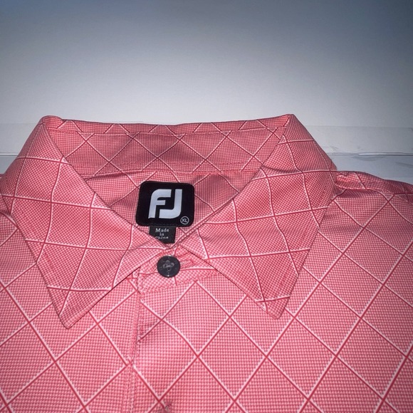 Foot Joy FJ Mens Polo Shirt XL Salmon White Diagonal Plaid Print Black Hawk Logo - Picture 8 of 11